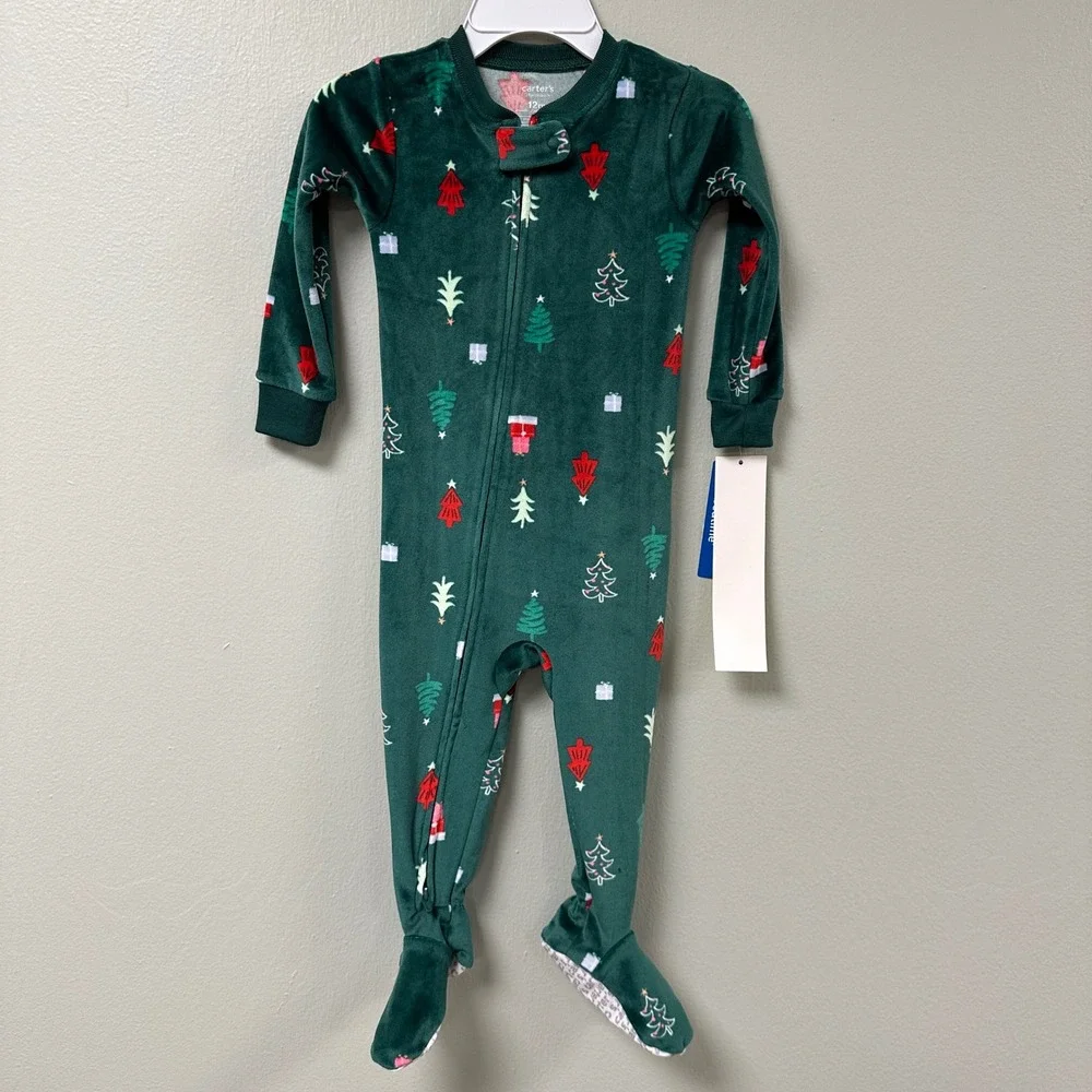 Carters Bedtime 12M Green Christmas Tree Fleece Footed Pajamas NWT